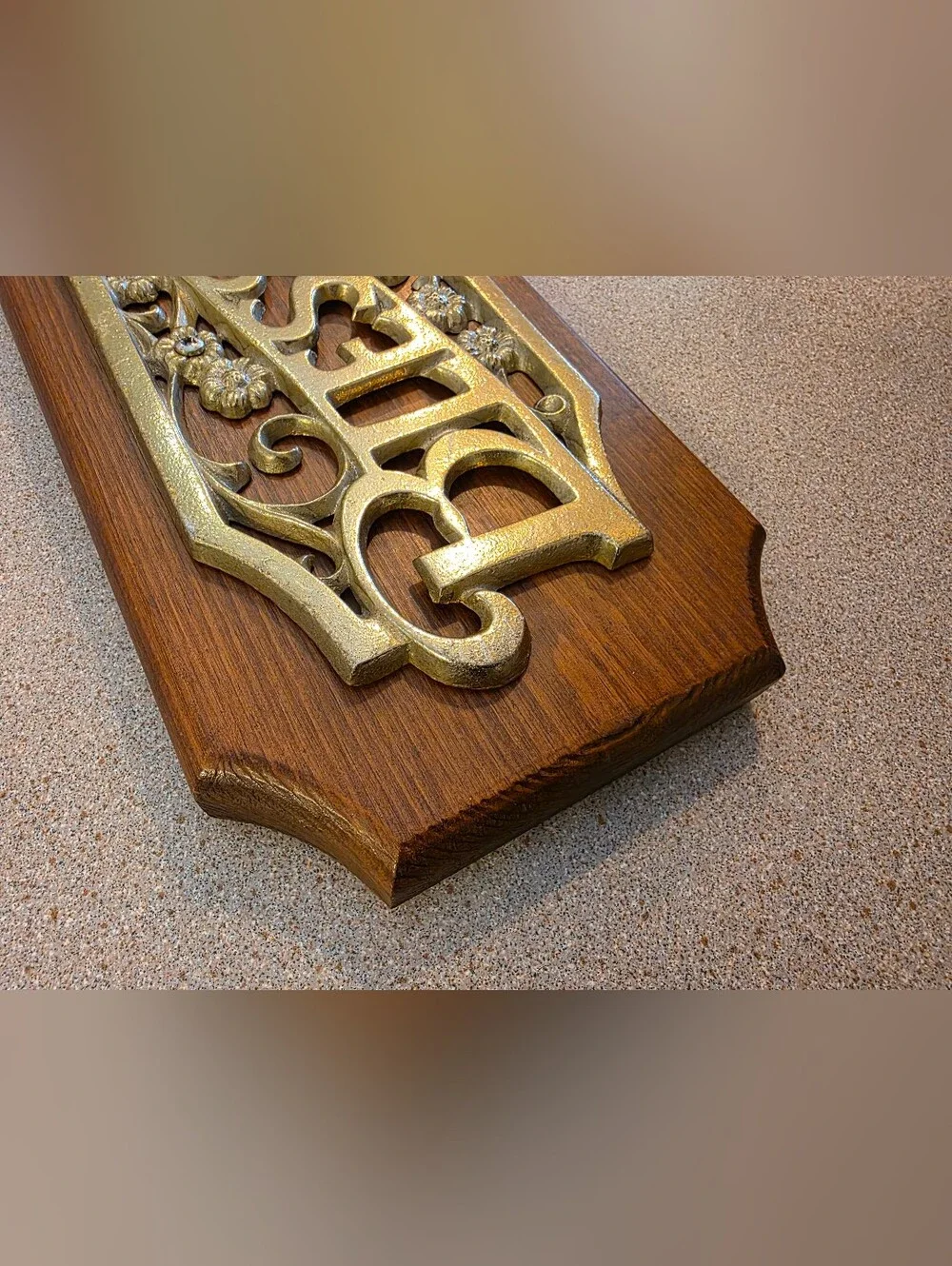 Vintage Bless Our Home Wall Sign with Gold Script on Wooden Plaque